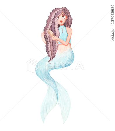 A sweet mermaid sits and combs her lush, curly hair A sweet mermaid sits and combs her lush, curly hair 137086686