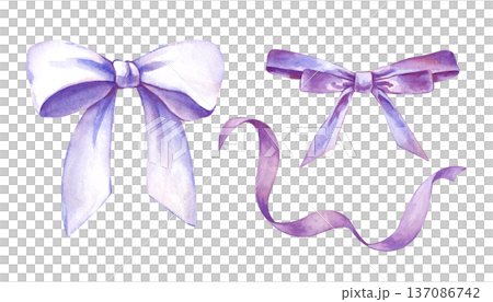 A set of bows and ribbons for festive decoration. Watercolor illustration of purple ribbons on an isolated background. A clipart with realistic decor for decorating gifts, postcards and invitations. A set of bows and ribbons for festive decoration. Watercolor illustration of purple ribbons on an isolated background. A clipart with realistic decor for decorating gifts, postcards and invitations. 137086742