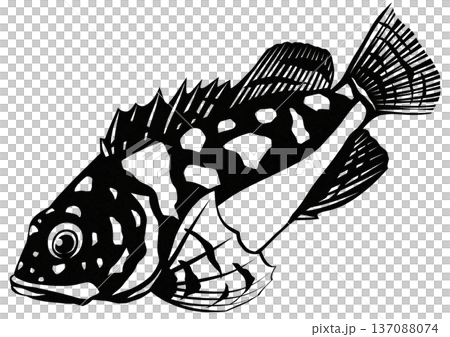 一幅黑白剪紙拼貼插畫，描繪了一條有著可愛眼睛的石斑魚，看起來既堅韌又萌趣。 137088074