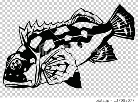 可愛的黑白剪紙插畫，描繪了一條眼睛明亮的蝎子魚。 137088077