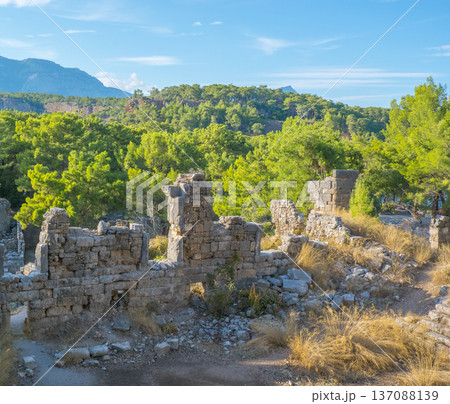 The theatre of the ancient city of Faselis or Phaselis. It is an ancient Greek and Roman settlement. Ancient cities on the Mediterranean coast of Turkey. Kemer district, Antalya city, Turkey country. The theatre of the ancient city of Faselis or Phaselis. It is an ancient Greek and Roman settlement. Ancient cities on the Mediterranean coast of Turkey. Kemer district, Antalya city, Turkey country. 137088139