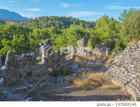 The theatre of the ancient city of Faselis or Phaselis. It is an ancient Greek and Roman settlement. Ancient cities on the Mediterranean coast of Turkey. Kemer district, Antalya city, Turkey country. The theatre of the ancient city of Faselis or Phaselis. It is an ancient Greek and Roman settlement. Ancient cities on the Mediterranean coast of Turkey. Kemer district, Antalya city, Turkey country. 137088146