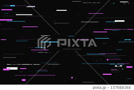 Glitch abstract effect. Color lines and pixels on dark background. Video signal error. Distorted texture with random shapes. Digital data with overlay noise. Vector illustration 137088168
