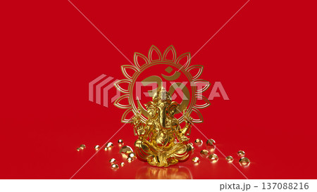 Golden Ganesha with Om Symbol on Red 3d render. Golden Ganesha with Om Symbol on Red 3d render. 137088216