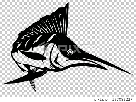 Black and white cutout illustration of a sailfish that would be stabbed by a sharp sword 137088227