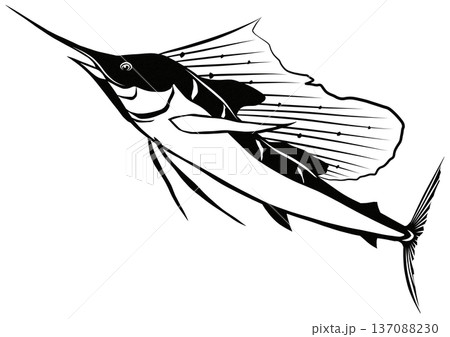 高速魚バショウカジキのノンストップ白黒切り絵貼り絵イラスト 高速魚バショウカジキのノンストップ白黒切り絵貼り絵イラスト 137088230