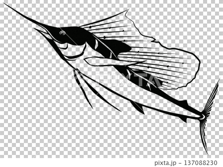 Nonstop black and white paper cutout collage illustration of a high-speed sailfish 137088230