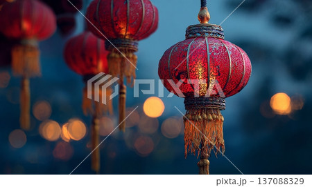 Red Chinese lanterns hanging against a blurred background of warm bokeh lights, showcasing intricate designs and tassels in an evening setting Red Chinese lanterns hanging against a blurred background of warm bokeh lights, showcasing intricate designs and tassels in an evening setting 137088329