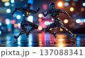 Two humanoid robots with metallic bodies running on a wet street illuminated by colorful city lights at night, showcasing advanced technology and futuristic design 137088341