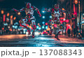 Two humanoid robots in dynamic poses leap across a wet urban street illuminated by colorful lights at night, showcasing advanced mechanical design and vibrant details 137088343
