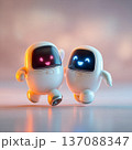 Two cute cartoon robots with glowing faces and rounded bodies stand side by side against a soft gradient background, showcasing friendly expressions and vibrant colors 137088347