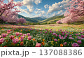 Vibrant spring landscape featuring blooming cherry blossom trees and colorful tulips in a lush meadow with rolling hills and a bright blue sky 137088386