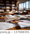 Open books with colorful pens and notes scattered on a wooden table inside a library, shelves filled with books and natural light streaming through windows 137088391