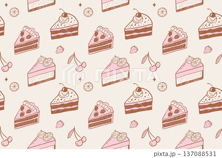 Vintage patisserie seamless pattern with cake slice and cherry icons. Vintage patisserie seamless pattern with cake slice and cherry icons. 137088531
