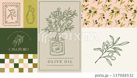 Vintage hand drawn olive oil labels, badges, logos and backgrounds Vintage hand drawn olive oil labels, badges, logos and backgrounds 137088532