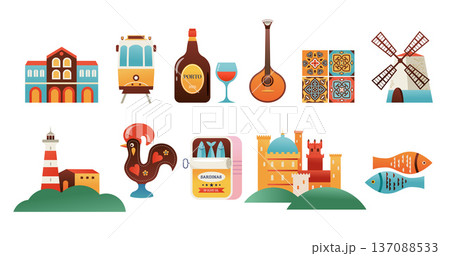 Portugal attractions, landmarks and symbols colorful icons collection. 137088533