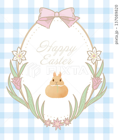 イースターのうさぎと春の花のリースフレーム：水色のチェック柄背景イラスト 137089820