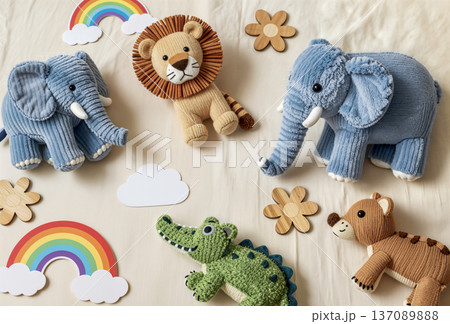 Plush Animal Toys Flat Lay with Rainbow and Cloud Decorations for Nursery. AI generated 137089888