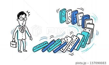 ドミノ倒しのように問題が連鎖し困惑するビジネスマン 137090083