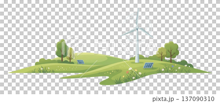 草原與風車交相輝映，展現出永續再生能源的未來景象。 137090310