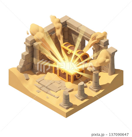 砂漠の光に照らされ開かれる古代の宝箱のアイソメトリックアイコン 137090647