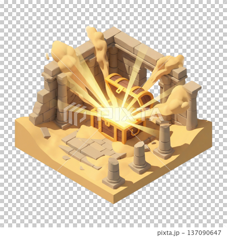砂漠の光に照らされ開かれる古代の宝箱のアイソメトリックアイコン 137090647