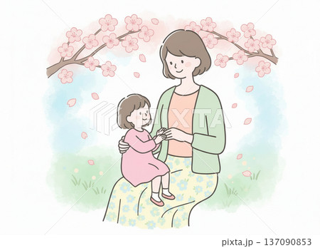 桜の下で微笑む母と娘の親子イラスト｜春のおたより・保育園や幼稚園の園だより素材 137090853