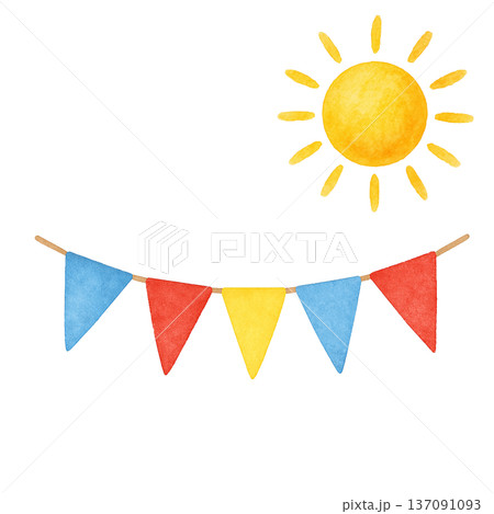 水彩風 太陽とガーランドのイラスト 夏のイベント装飾 切り抜きPNG 水彩風 太陽とガーランドのイラスト 夏のイベント装飾 切り抜きPNG 137091093
