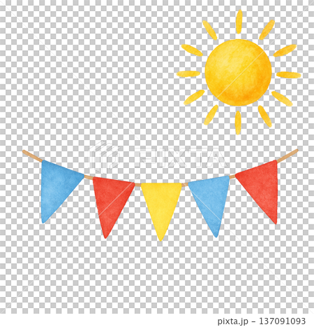 水彩風 太陽とガーランドのイラスト 夏のイベント装飾 切り抜きPNG 水彩風 太陽とガーランドのイラスト 夏のイベント装飾 切り抜きPNG 137091093
