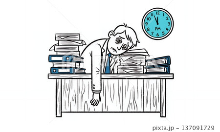 深夜まで残業し書類の山で疲労困憊するビジネスマンのイラスト 137091729