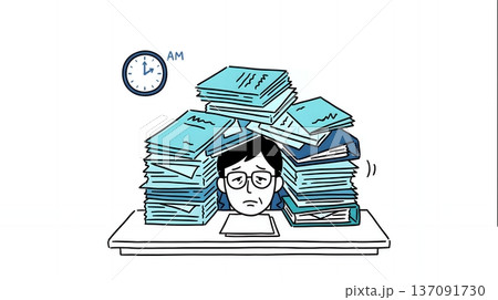 深夜まで残業し書類の山で疲労困憊するビジネスマンのイラスト 137091730