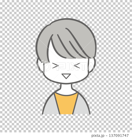 Illustration of a short-haired woman smiling with her eyes tightly closed 137091747