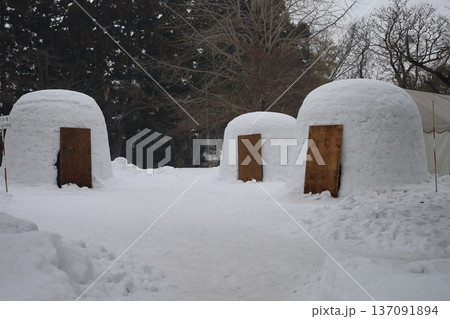 雪に埋もれた、横手城下のかまくら 137091894