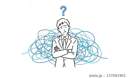 複雑な課題に直面し解決策が見つからず腕組みして悩むビジネスマン 137091901