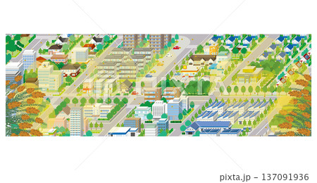 花粉が飛散する街並み. アイソメ図で描いた都市. 137091936