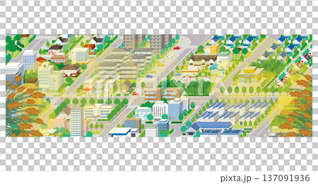花粉が飛散する街並み. アイソメ図で描いた都市. 137091936