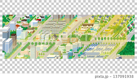 黄砂に覆われた霞んだ街並み. アイソメ図で描いた都市. 137091938