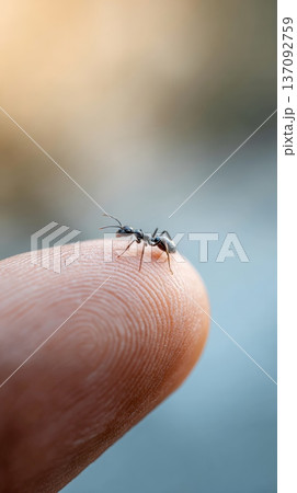 Close up macro view revealing tiny black ant walking across human fingertip, highlighting delicate insect anatomy against skin surface with soft background blur 137092759