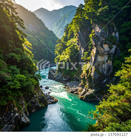 【AI生成画像】日本の自然美 黒部峡谷のV字峡の大パノラマ 【AI生成画像】日本の自然美 黒部峡谷のV字峡の大パノラマ 137093127