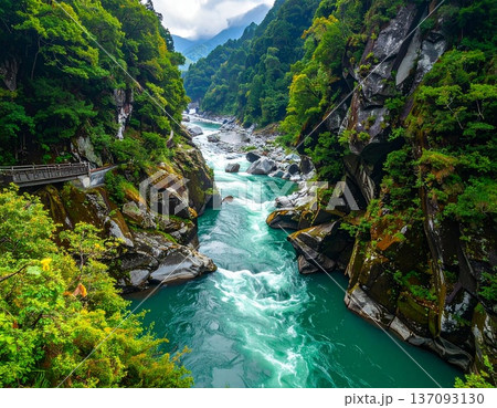 【AI生成画像】日本の自然美 黒部峡谷のV字峡の大パノラマ 137093130