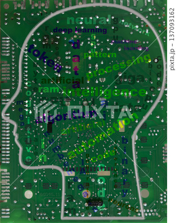 circuit board with ai technology word cloud in head shape 137093162