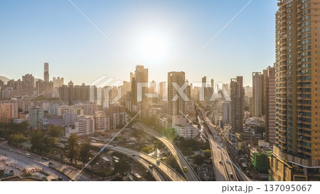 Golden Hour Light Shines Across Bustling Kowloon Road Network Feb 15 2026 137095067