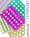 Collection of hormonal birth control pills in different colors and packaging. 137095587