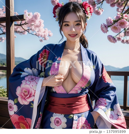 着物で、笑顔、 ポーズ。 137095899