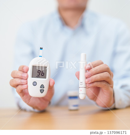 Hand checking Diabetes or Blood glucose self testing by digital blood glucose meter with lancet pen. high blood sugar level, World Diabetes Day, Glycemia, Hypoglycemia, Hyperglycemia and insulin Hand checking Diabetes or Blood glucose self testing by digital blood glucose meter with lancet pen. high blood sugar level, World Diabetes Day, Glycemia, Hypoglycemia, Hyperglycemia and insulin 137096171