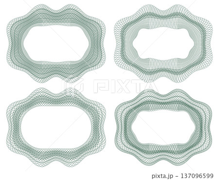Frames. A set of guilloche elements. Watermark patterns. Isolated on white background. Frames. A set of guilloche elements. Watermark patterns. Isolated on white background. 137096599
