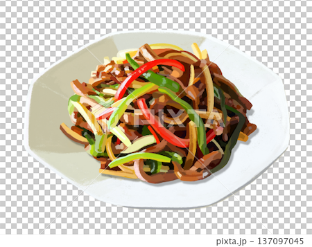 Green pepper and pork stir-fry on an octagonal plate Green pepper and pork stir-fry on an octagonal plate 137097045