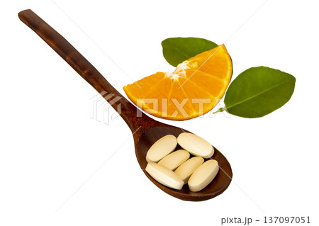 vitamin c pills dietary supplement for health care of lifestyle with fruits orange cut 137097051