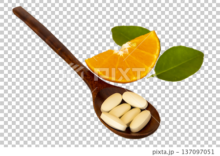 vitamin c pills dietary supplement for health care of lifestyle with fruits orange cut 137097051