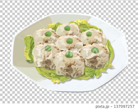 八角形盤子裡的肉燒賣(配青豆) 八角形盤子裡的肉燒賣(配青豆) 137097257